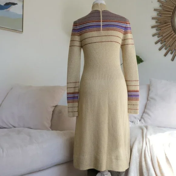 Vintage Bargello Knitted Camel Colored Striped Turtleneck Sweater Dress - Picture 5 of 11